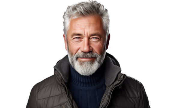 A mature man with grey hair and a beard is seen wearing a black jacket. He appears confident and composed as he stands in an urban setting.