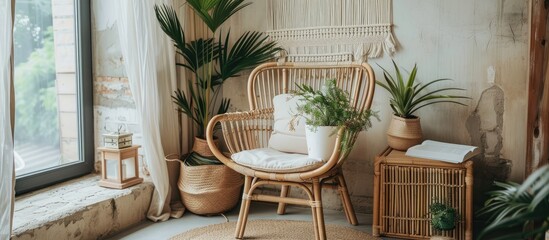 This room features a stylish wicker chair, various potted plants, and a window allowing natural light inside. The modern boho interior design creates a cozy and inviting atmosphere.