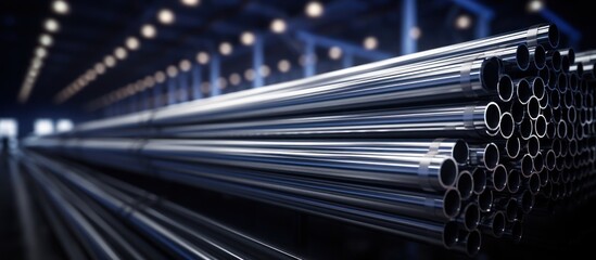 Steel pipes in a warehouse. 3d rendering toned image.