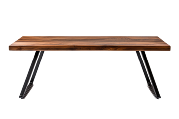 A wooden table with sleek metal legs stands against a clean white background. The tables design is simple and modern, with a sturdy build and minimalist aesthetic.