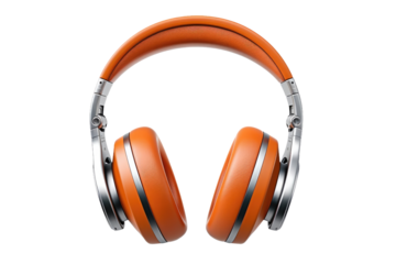 A pair of headphones featuring vibrant orange headbands. The headphones are sleek and modern in design, with cushioned ear cups and an adjustable headband for comfortable wear.