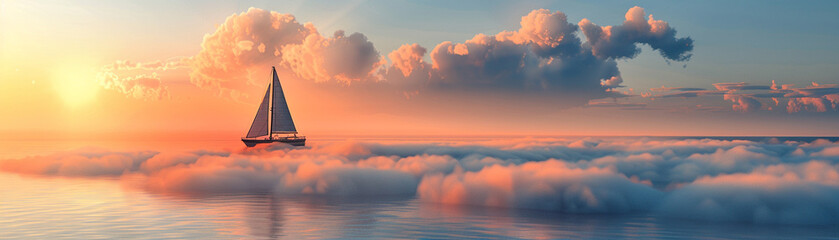 A boat sails on clouds its crew chasing the horizon - obrazy, fototapety, plakaty
