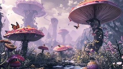 psychedelic trippy wonderland landscape with mushrooms, flowers, butterflies, fantasy bright neon illustration, AI generated - obrazy, fototapety, plakaty