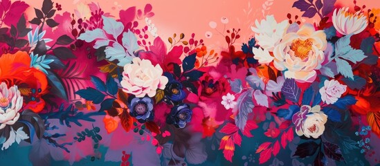 A painting featuring colorful flowers against a vibrant pink background. The bold colors of the flowers stand out against the stunning wallpaper, creating a visually striking composition.