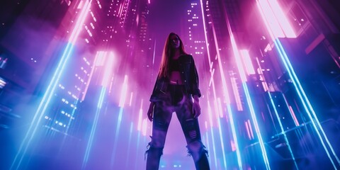 Fototapeta na wymiar Beautiful Woman standing amidst Futuristic Skyline - Cyberpunk Vibes with Neon Lights and Holograms Illuminating her Figure - Amazing Cyberpunk Girl Background created with Generative AI Technology