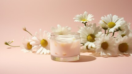 Glass jar for cream or tonic with chamomile.