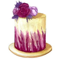 Watercolor birthday cake with strawberry isolated illustration. Sweet cake for a surprise birthday, Mother's Day, Valentine's Day on a pink background.