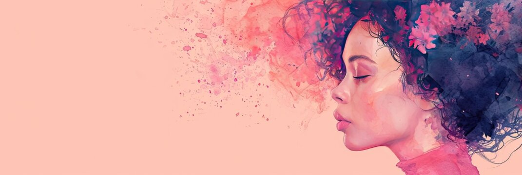 Watercolor woman portrait in pink tones, young adult girl illustration style, 8 march or women day, mother day banner with copy space, AI generated