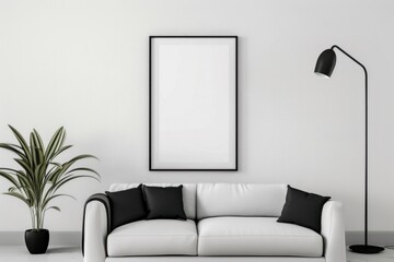 Mockup of blank frame in interior, modern black and white Scandinavian design of living room with minimalistic furniture, AI generated
