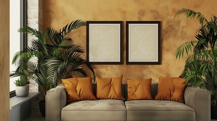 Modern living room interior with couple of blank frames mockup, orange and green design, furniture, green plants, AI generated