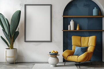 Mockup of blank frame in modern Scandinavian vivid interior with armchair, sculpted arch and green plants, stylish minimalistic Danish design, white, blue, yellow colors, AI generated