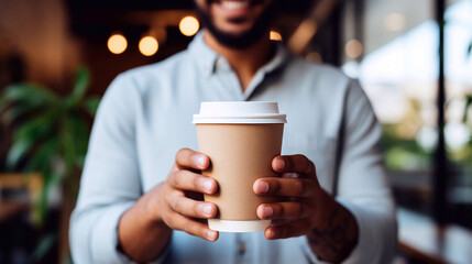 Paper cup of hot drink in black man hands. Young man holds takeaway coffee or tea in hand.