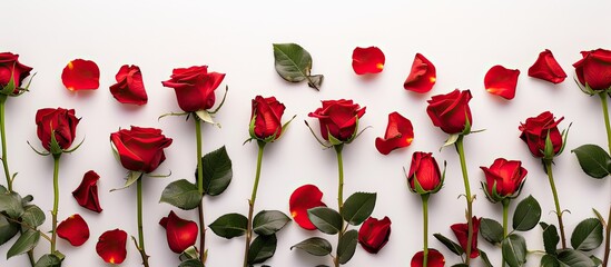A cluster of stunningly beautiful red rose flowers, gracefully arranged on a plain white background. The vibrant red petals stand out against the clean, bright backdrop, conveying elegance and