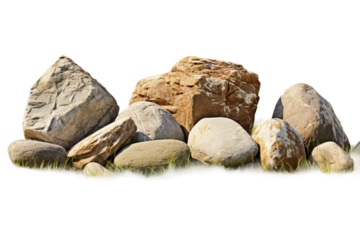 A group of rocks sits atop a lush grass-covered field under the bright sunlight. The rocks vary in size and shape, contrasting against the green grass.