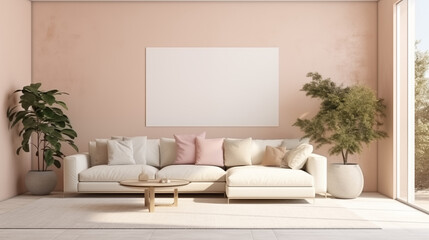 stylowe minimalistyczne wnętrze salonu z designerską sofą, meblami, nowoczesnym obrazem i eleganckimi akcesoriami osobistymi. Wystrój domu. Mockup na ścianie na plakat. Projektowanie wnętrz. Szablon.