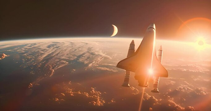 space shuttle with sunrise over the earth