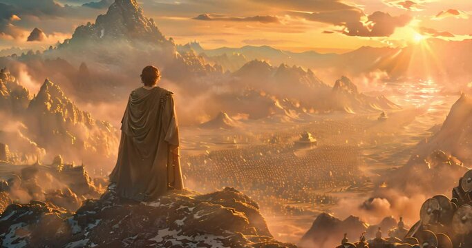 Roman Greek emperor standing on mountain with a view on his army