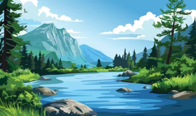 Tuinposter Vector illustration of a beautiful river scenery. Sunny summer day © baobabay