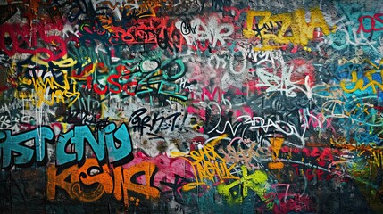 Abstract graffiti or street art background, concrete wall scribbles, tags, drawings, inscriptions and spray paint stains, splashes, grunge texture, AI generated image