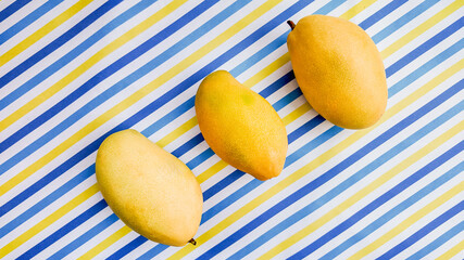 Three ripe yellow mangoes on striped blue and white background with space for text, suitable for summer or tropical fruit concepts