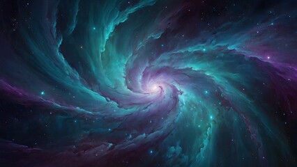  An ethereal cosmic nebula swirling in shades of violet and turquoise, sparkling stars scattered throughout, glowing wisps of gas forming intricate patterns, evoking a sense of wonder and serenity - obrazy, fototapety, plakaty