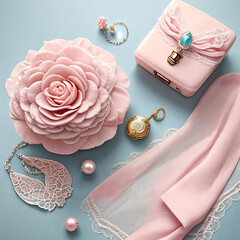 Pastel Palette. A still life scene featuring pastel-colored feminine accessories like a delicate pearl necklace