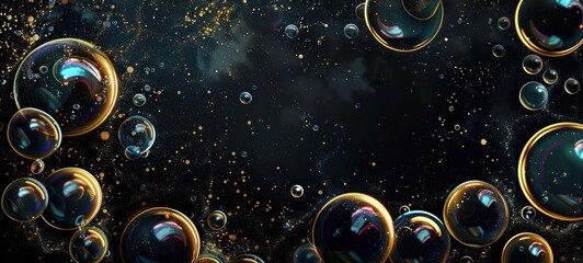 Abstract background with dark glossy rainbow colored bubbles on black, floating and flying bubbles with golden flashes, AI generated - obrazy, fototapety, plakaty