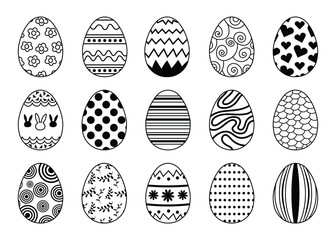Hand drawn aster eggs. Collection of Easter eggs with different spring, botanical, floral, cute patterns. Doodle Style. Vector set isolated on white background.