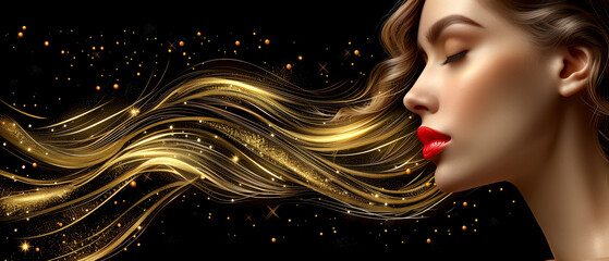 beautiful woman model with gold glitter. for banner ,postcard, poster, web site, greeting invitation. Copy Space. high detail, perfect lines.