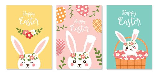 Easter cards or posters set. Spring collection of easter flat bunny. Vector pastel illustration with rabbit for poster, card, scrapbooking, stickers. 