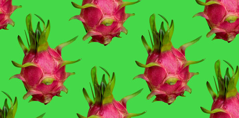 Seamless pattern of vibrant pink dragon fruit on a vivid green background, suitable for exotic culinary themes and tropical design concepts with copy space