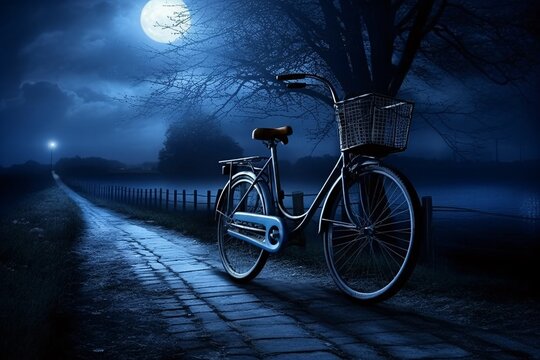 a bicycle parked on a path with a tree and moon in the background