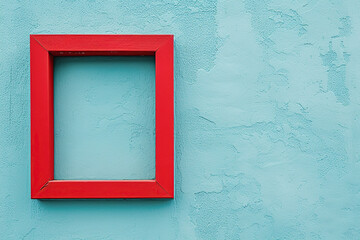 horizontal image of an empty red frame hanging on a blue wall, copy space. Generative AI