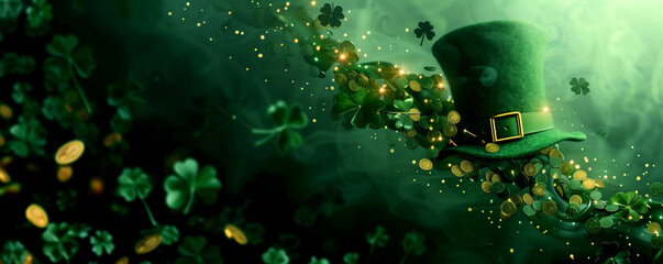 St. Patrick's Day Holiday Promotion Banner. A charming St. Patrick's Day setting featuring a traditional leprechaun hat with clovers on a glittery background - obrazy, fototapety, plakaty