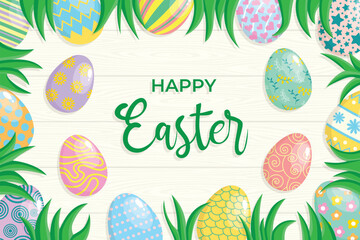 Happy Easter Day. Easter celebration banner design. Realistic eggs. Vector illustration for websites and markets. 