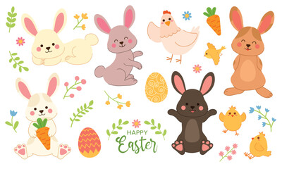 Collection of Easter bunny. Set of rabbit character in different poses. Spring Easter floral elements with leaves and flowers. Easter bunny and flowers. Vector illustration with traditional festive de