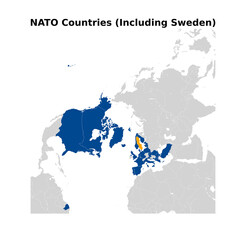Vector illustration showcasing NATO member countries from a North Pole perspective, highlighting Sweden in distinct colors against a sleek, minimalist background.