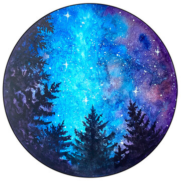 Watercolor stars sky and night forest around print.