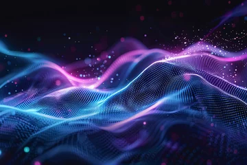Rolgordijnen Technology data background glowing particles abstract futuristic and technology digital wave particles glowing background, 3D rendering © lin