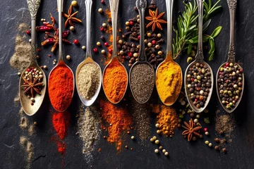 Tableau sur plexiglas Cuisine Exquisite culinary composition of spices like turmeric, chili, and herbs in spoons, against a dark backdrop that accentuates their rich colors and textures  © Francesco