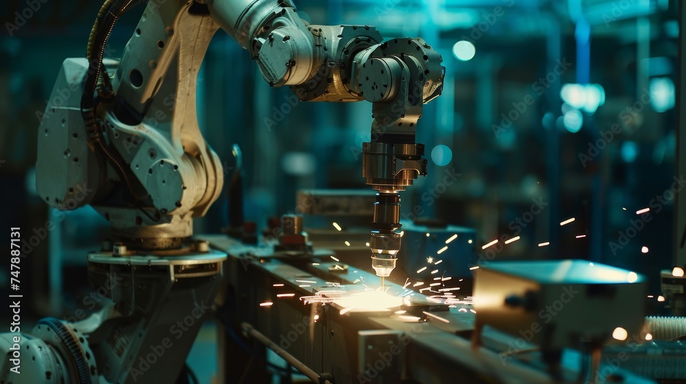 Aufkleber Managing engineer checks and controls automated robot arms in intelligent factory industrial software. Welding robots and digital manufacturing operations.