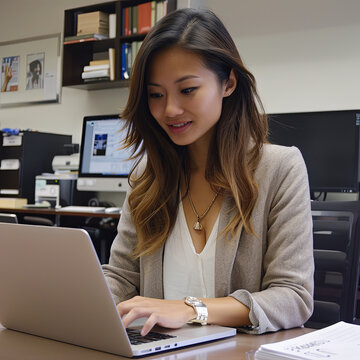 Asian business woman working on a laptop in a professional office.