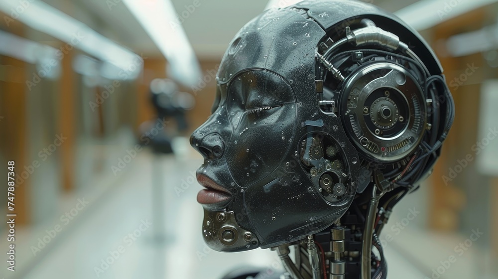 Leinwandbilder A smart robot uses artificial intelligence and artificial neuronal circuitry to interact with humans. By entering commands, the robot executes something, futuristic technology.