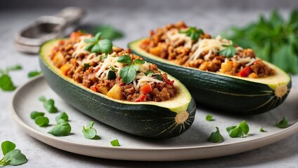 Plate with meat stuffed zucchini boats on light background  - Powered by Adobe
