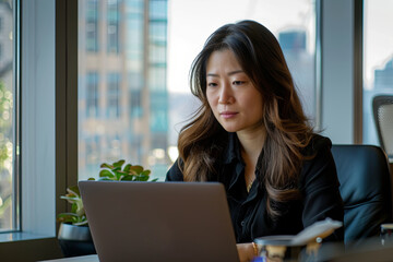 Asian business woman working on a laptop in a professional office.