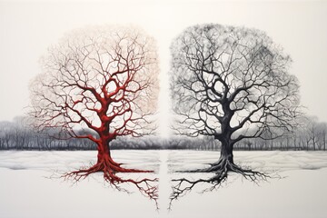 two trees with red branches