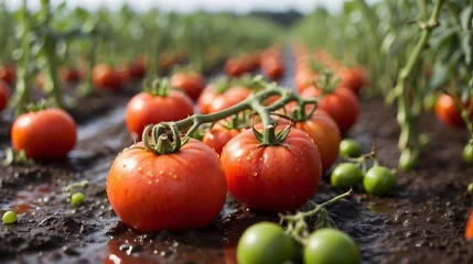 Keuken spatwand met foto Tomatoes growing on the field. Beautiful summer landscape © Pradeep leo