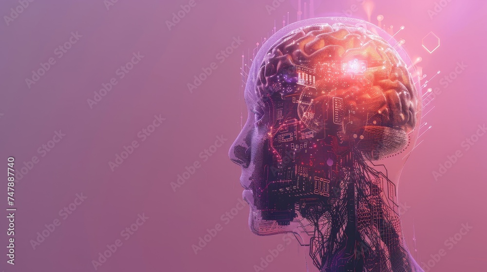 Poster an image of a human's head and brain. a concept that combines artificial intelligence, ai technology