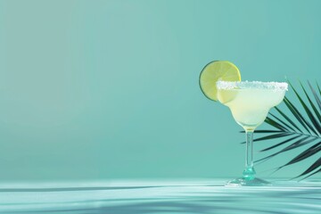 refreshing glass of margarita with a lime slice rests on a blue background