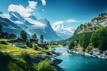 a river running through a valley with houses and mountains - obrazy, fototapety, plakaty